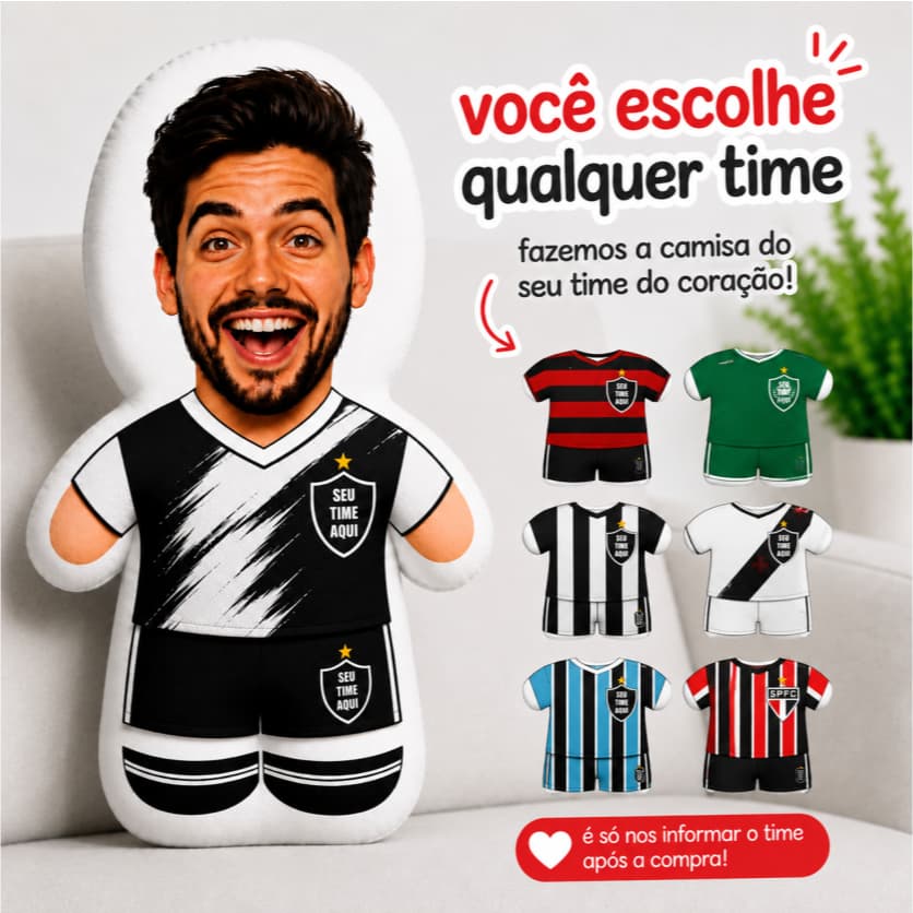 Almofada com rosto e uniforme do time preferido | Com frase na costa | Escolha seu time | Profissional, Amador, Escolar