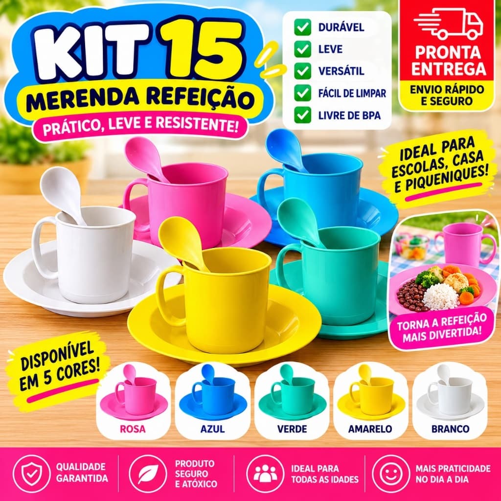 15 kit merenda refeição infantil caneca pratos colher de plástico resistente colorido pronta entrega escola creche festa