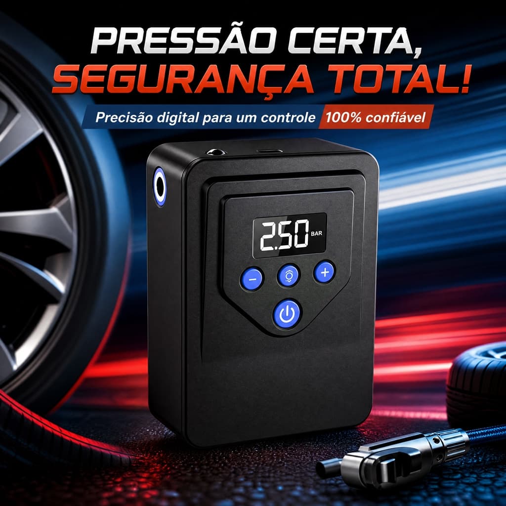 Compressor de Ar Elétrico Portátil Calibrador Digital Recarregável Powerbank para Carro Moto Bicicleta e Bolas