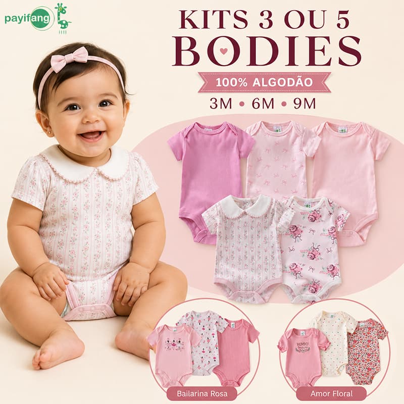 Kit Body Bebê Menina 3 ou 5 Peças 100% Algodão Manga Curta Antibacteriano Floral Recém Nascido 3M 6M 9M