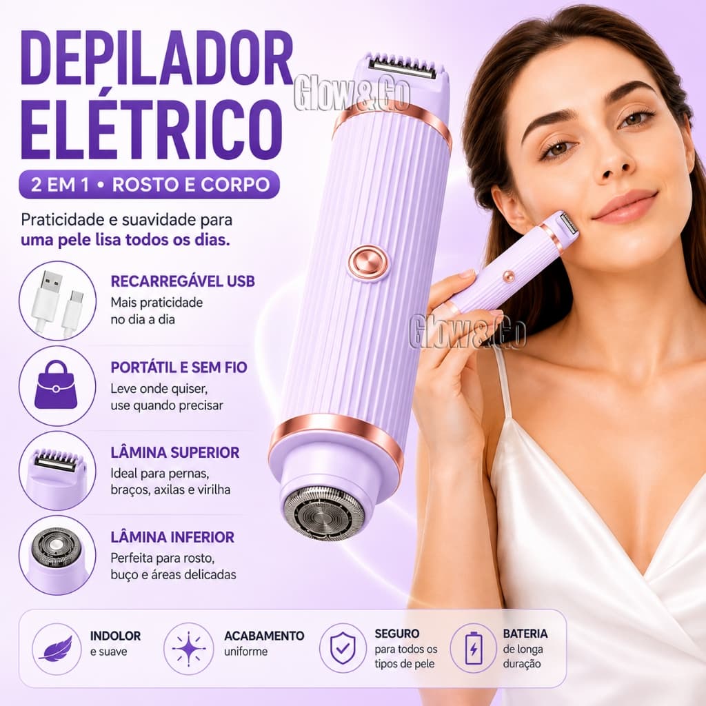 Depilador Elétrico Feminino 2 em 1 Rosto e Corpo Recarregável USB Sem Fio