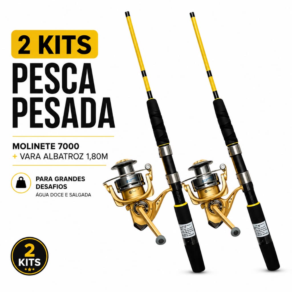 2 Kit Pesca Reforçado Molinete 7000 + Vara Maciça Albatroz 1,80m