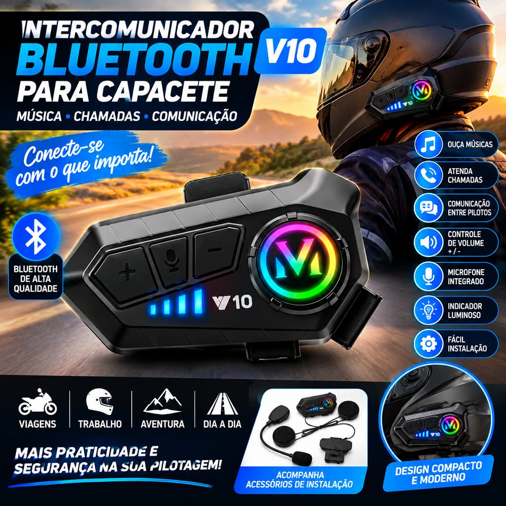 Intercomunicador Capacete Bluetooth V10 Moto Fone De Ouvido Som HD Prova D'água Chamadas Musicas