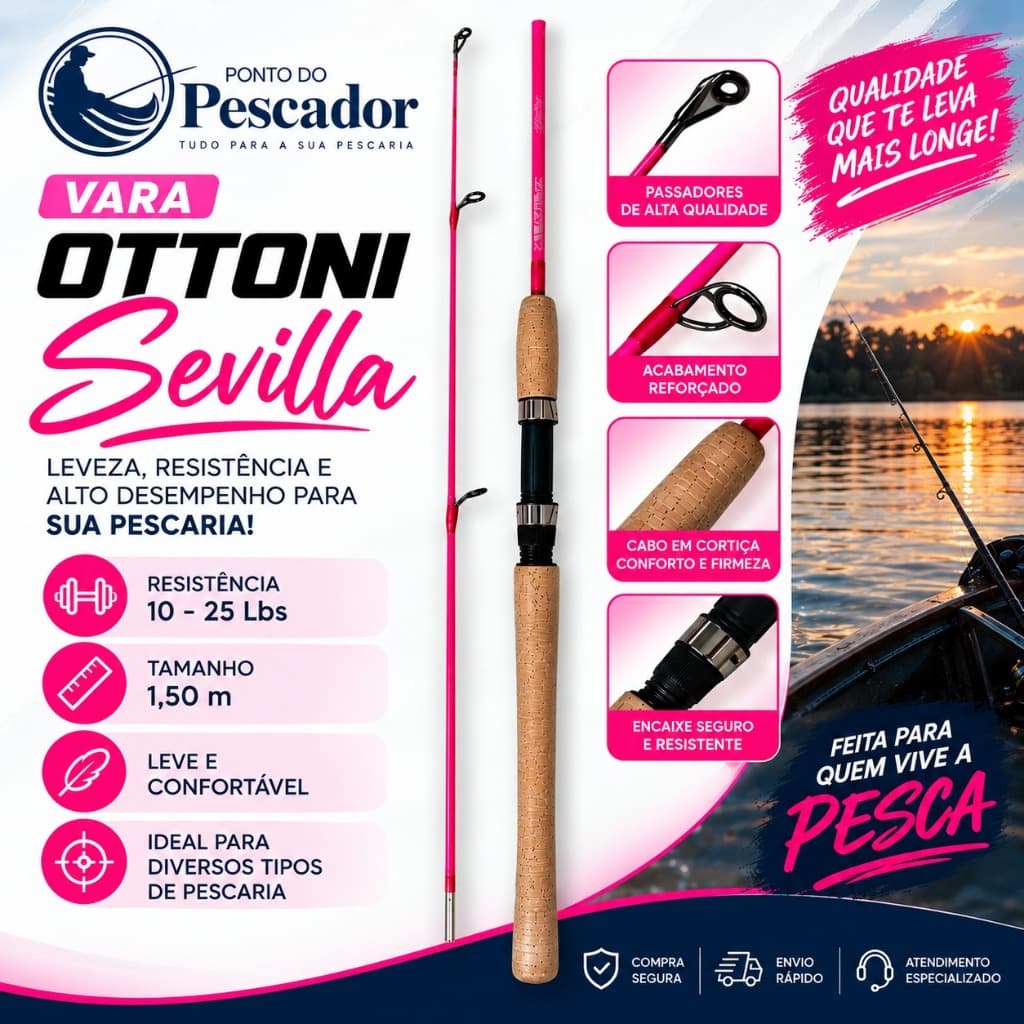 Vara De Pesca Ottoni Sevilla Rosa 1,50m 25 LBS Fibra De Vidro- Molinete