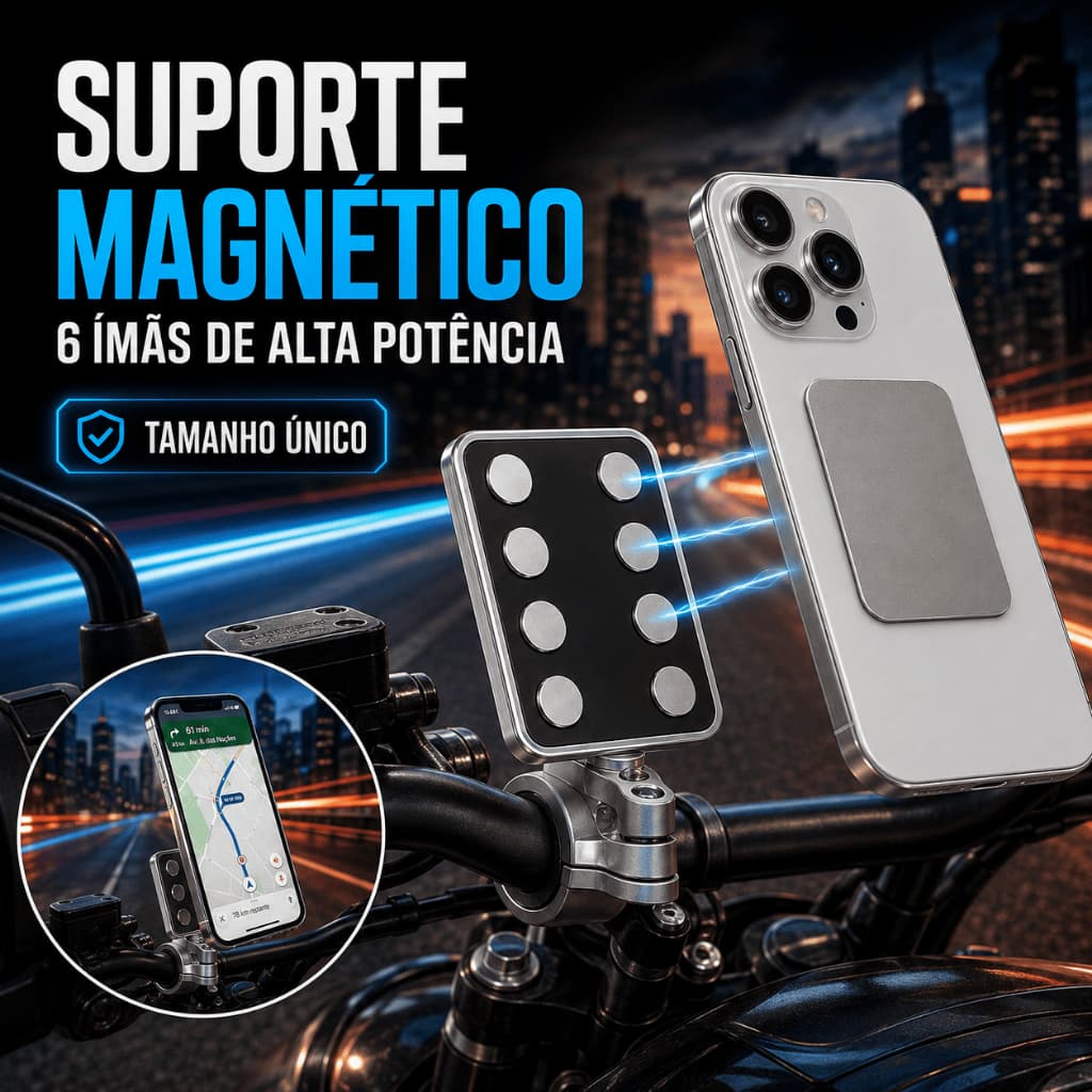 Suporte Celular Moto Magnético 6 Ímãs Extra Forte Universal para Guidão Motoboy GPS Antivibração Seguro para Moto Bike