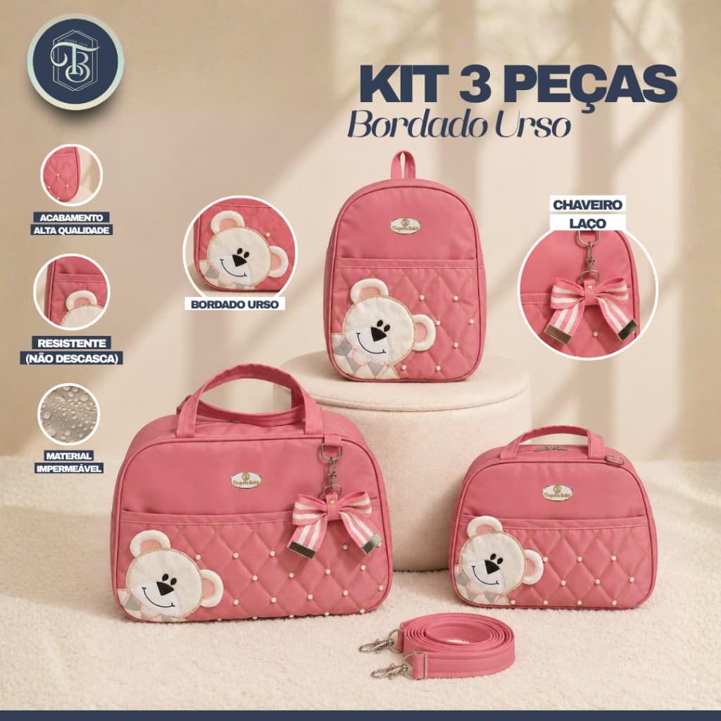 Kit Bolsa de Bebê Urso de Lado 3 Peças (Rosa Goiaba)