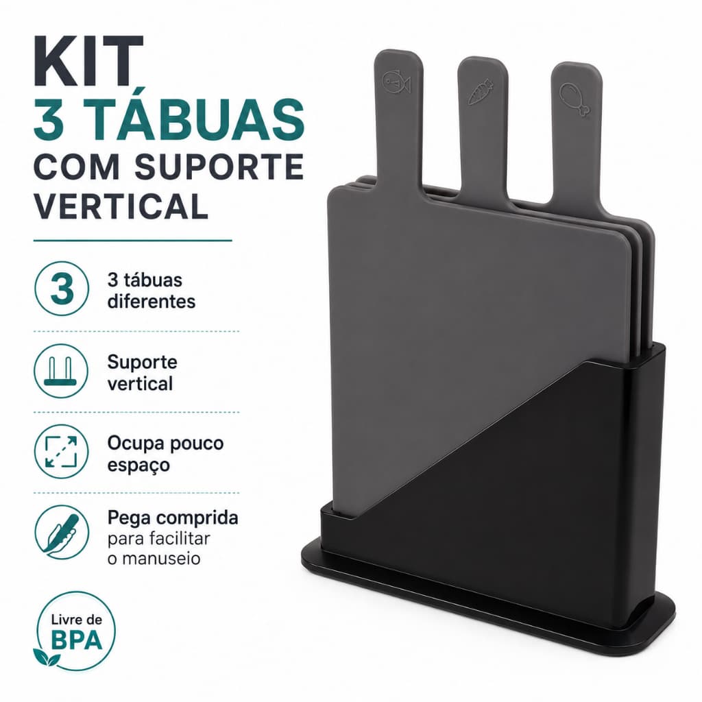 Kit 3 Tábuas de Corte com Suporte Vertical Oikos Livre de BPA para Carnes, Peixes, Frutas e Legumes