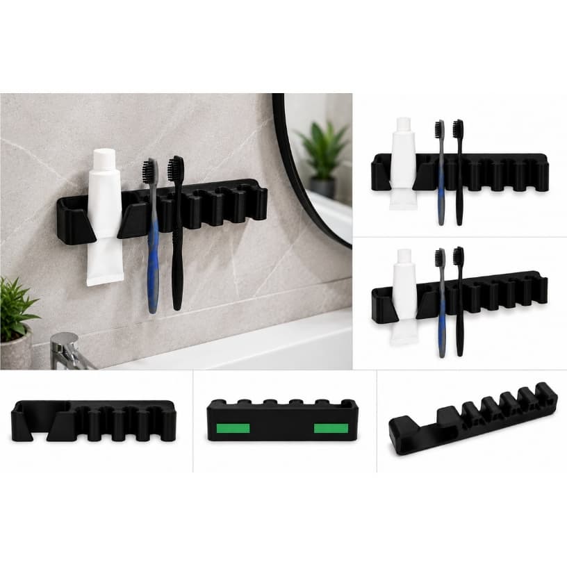 Suporte Porta Escovas Organizador Banheiro Parede Plástico Preto Compacto 14x3cm