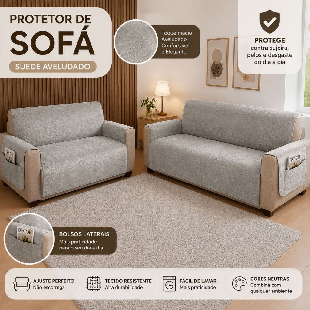 Protetor de Sofá Aveludado Camurça Suede 2 e 3 Lugares com Bolso Porta Objetos Capa para Sofá Manta Veludo