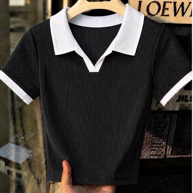 Blusa Polo Feminina Bicolor Manga Curta Ribana Premium Canelada Elegante