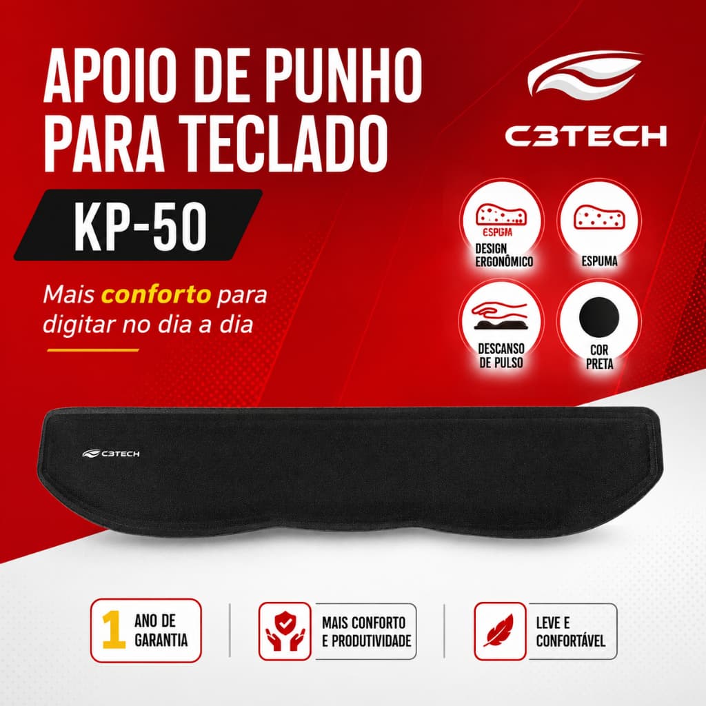Apoio Descanso de Punho Pulso para Teclado Digitacao Ergonômico Espuma Preto C3Tech KP-50