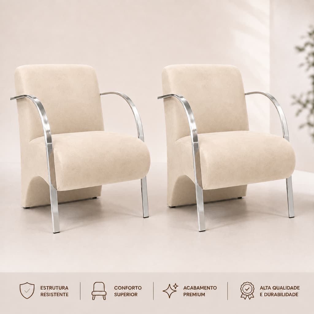 Kit 2 Poltronas Decorativas Predoli em Suede com Braços de Alumínio para Sala e Recepção