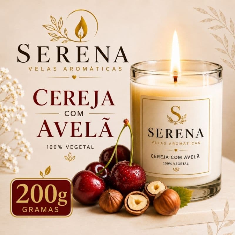 Vela Aromática Serena Perfumada 200g/100g Premium em Cera Vegetal com Tampa de Madeira