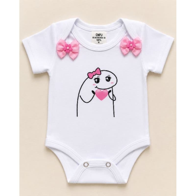 Body Bebê Menina Branco com Lacinhos Rosa e Estampa Fofa | Body Infantil Bebê Menina