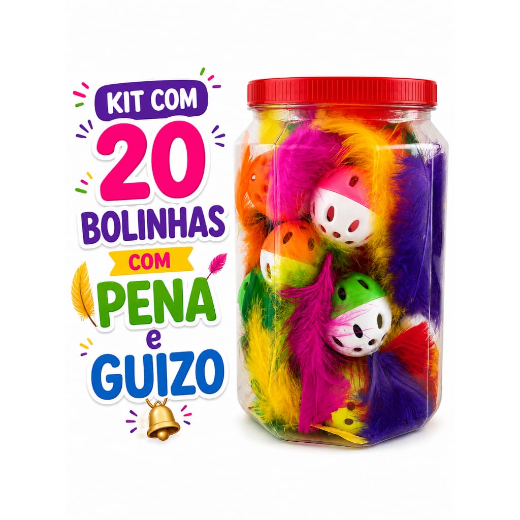Kit 20 Bolinhas Brinquedo Interativo Pets Gatos Calopsitas 4,5cm Penas Guizo Divertido Antiestresse Estímulo Caça