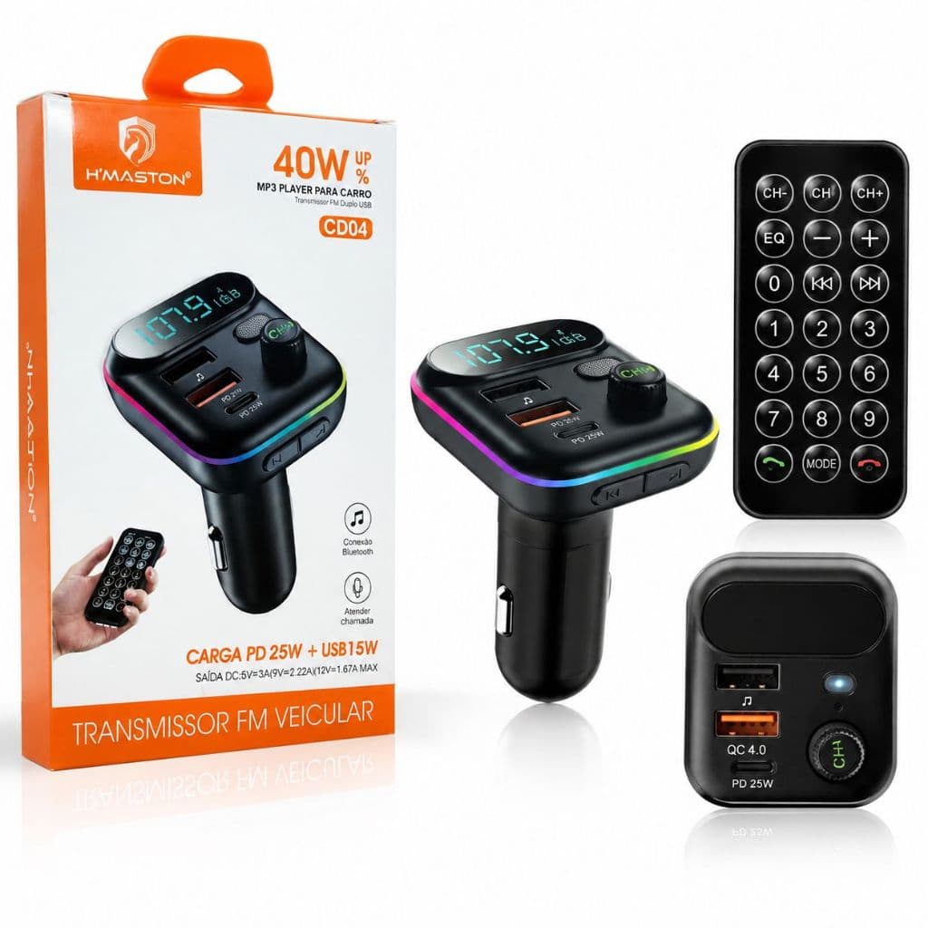 Carregador USB Turbo PD 40w Carro TYPE-C Transmissor Receptor FM Bluetooth Veicular X8 MP3 Rádio