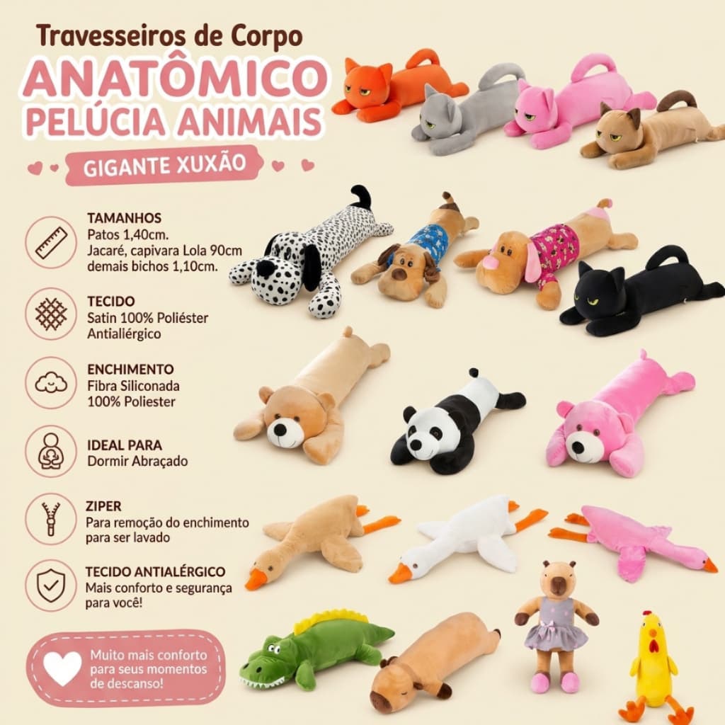 Travesseiro De Corpo Anatomico Pelúcia Animais Gigante XUXÃO 110cm