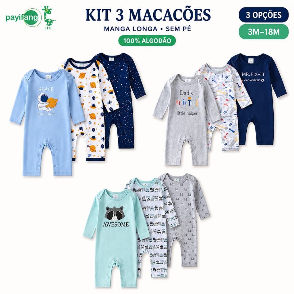 Macacão Bebê Menino Kit 3 Macacões Manga Longa Sem Pé 100% Algodão Roupa de Frio Recém Nascido 3M a 18M