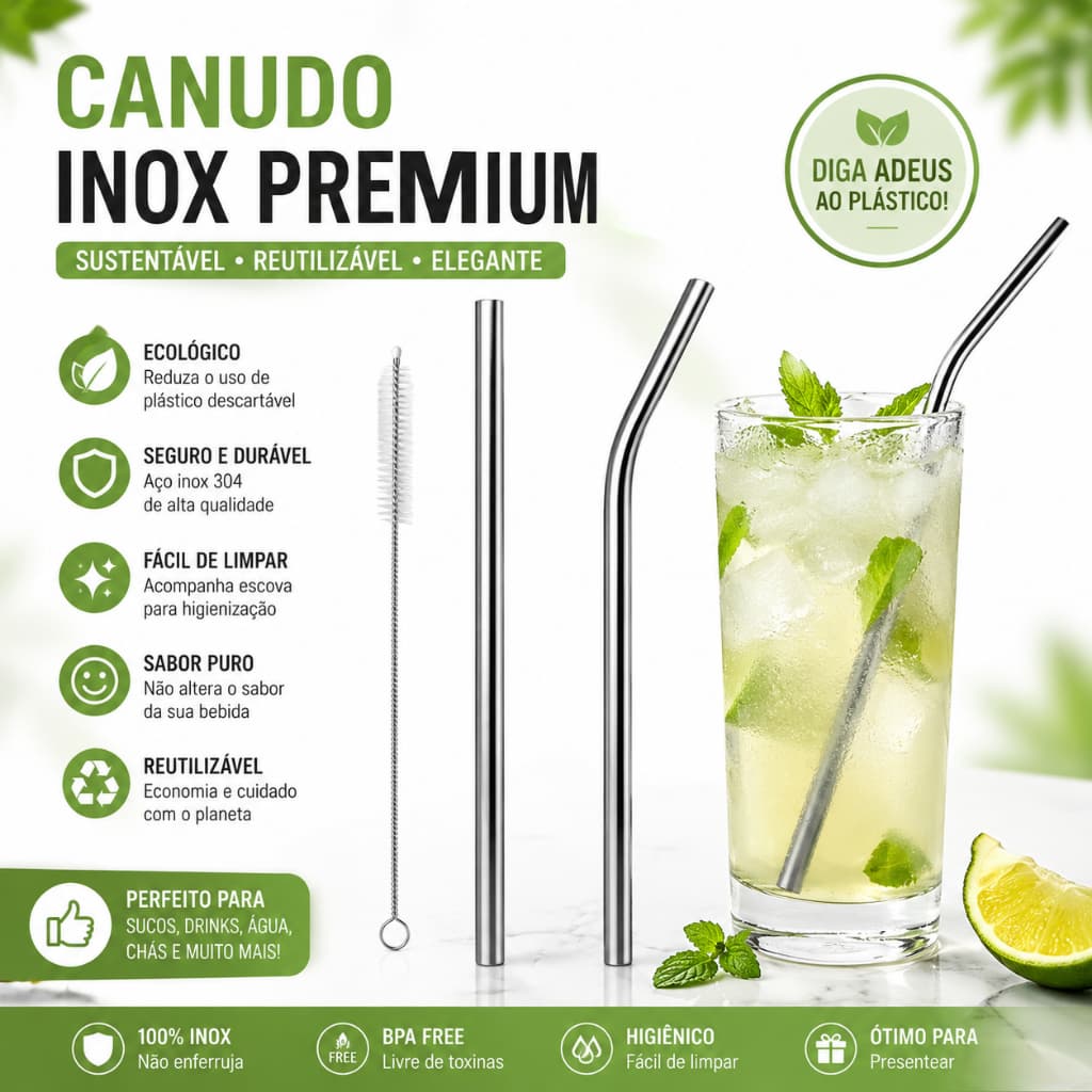 Kit 03 Canudos Drink Reutilizável Inox + Escova Não Enferruja Sustentável