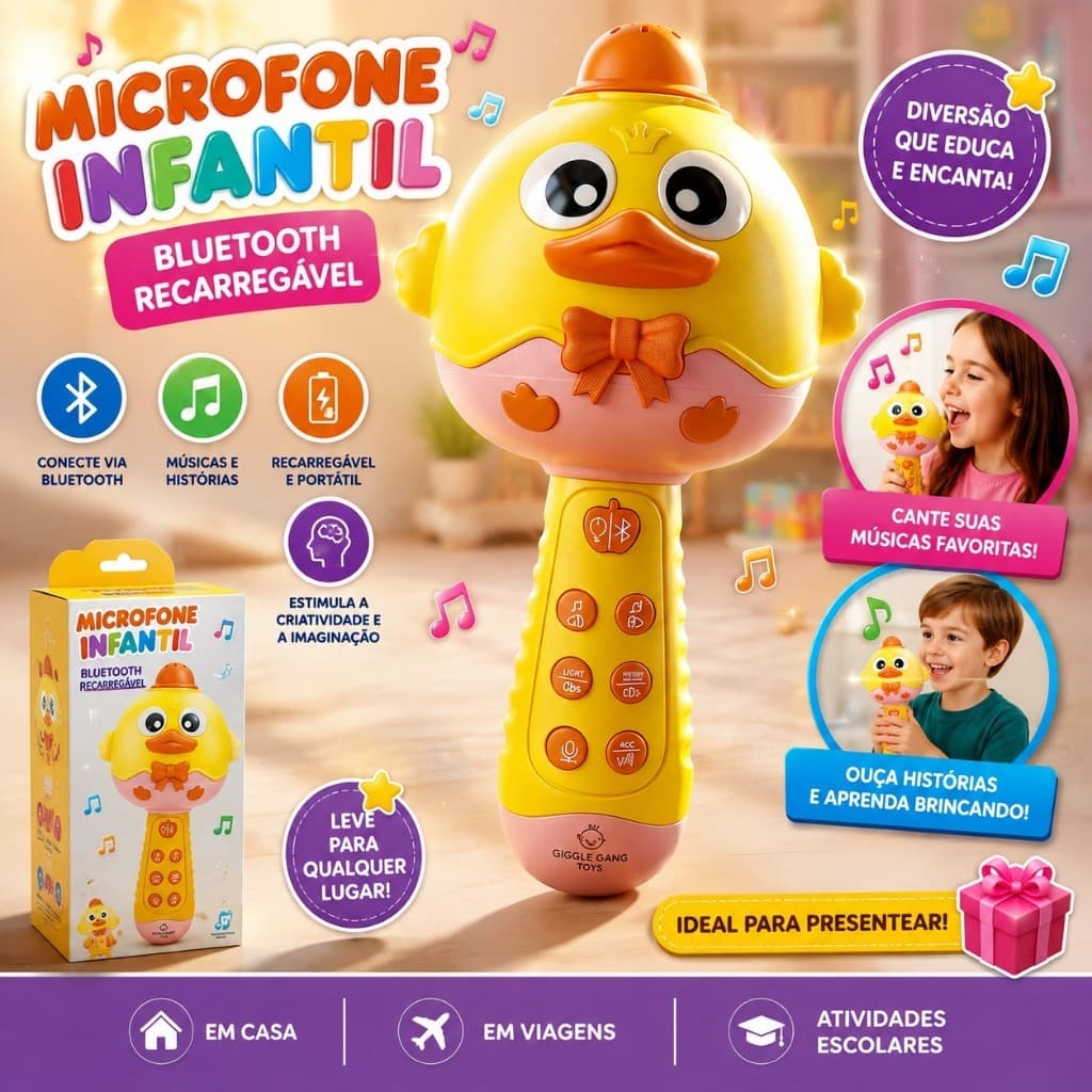 Microfone Infantil Bluetooth Recarregável com Música e Histórias Karaokê Infantil Educativo Portátil