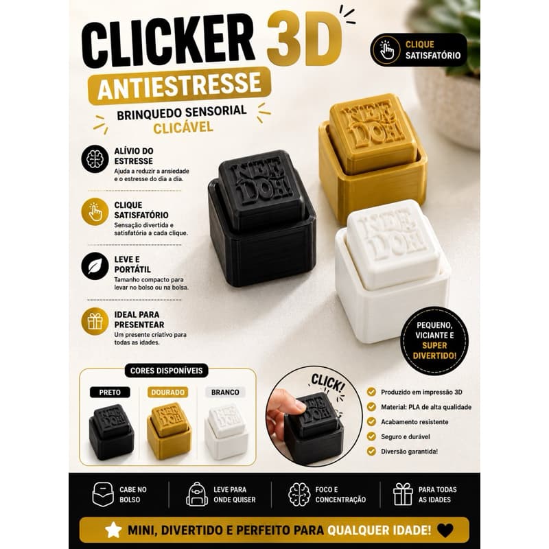 Clicker Fidget 3D Antiestresse Mini Brinquedo Sensorial Relaxante Clicável