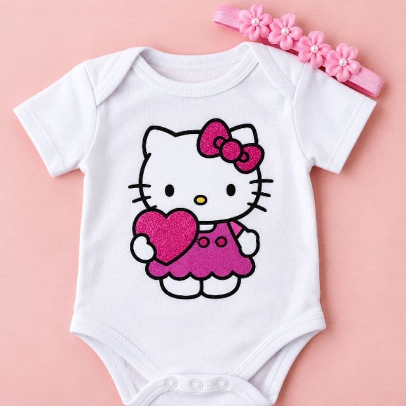 Body Bebê Menina Hello Kitty Rosa com Faixinha de Cabelo | 100% Algodão | RN P M G