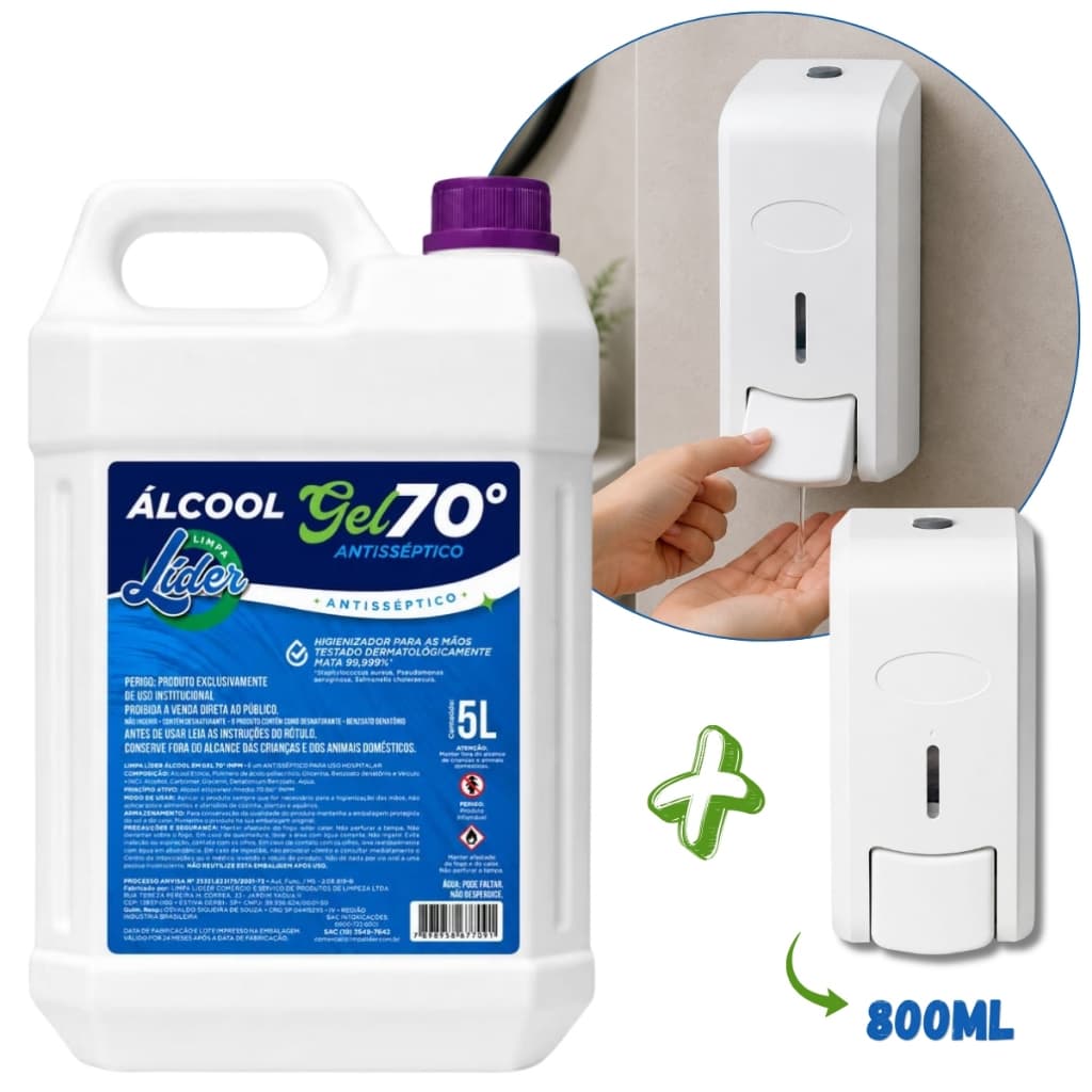 Álcool Gel 70 Antisséptico Limpa Líder 5L Higienizador Para Mãos Galão Econômico + Saboneteira Dispenser 800ml