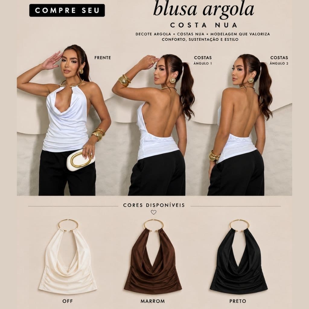 Blusa Feminina Argola Colar Decote V Costas Nua Suplex Premium Estilosa Elegante gola boba Top Poliamida