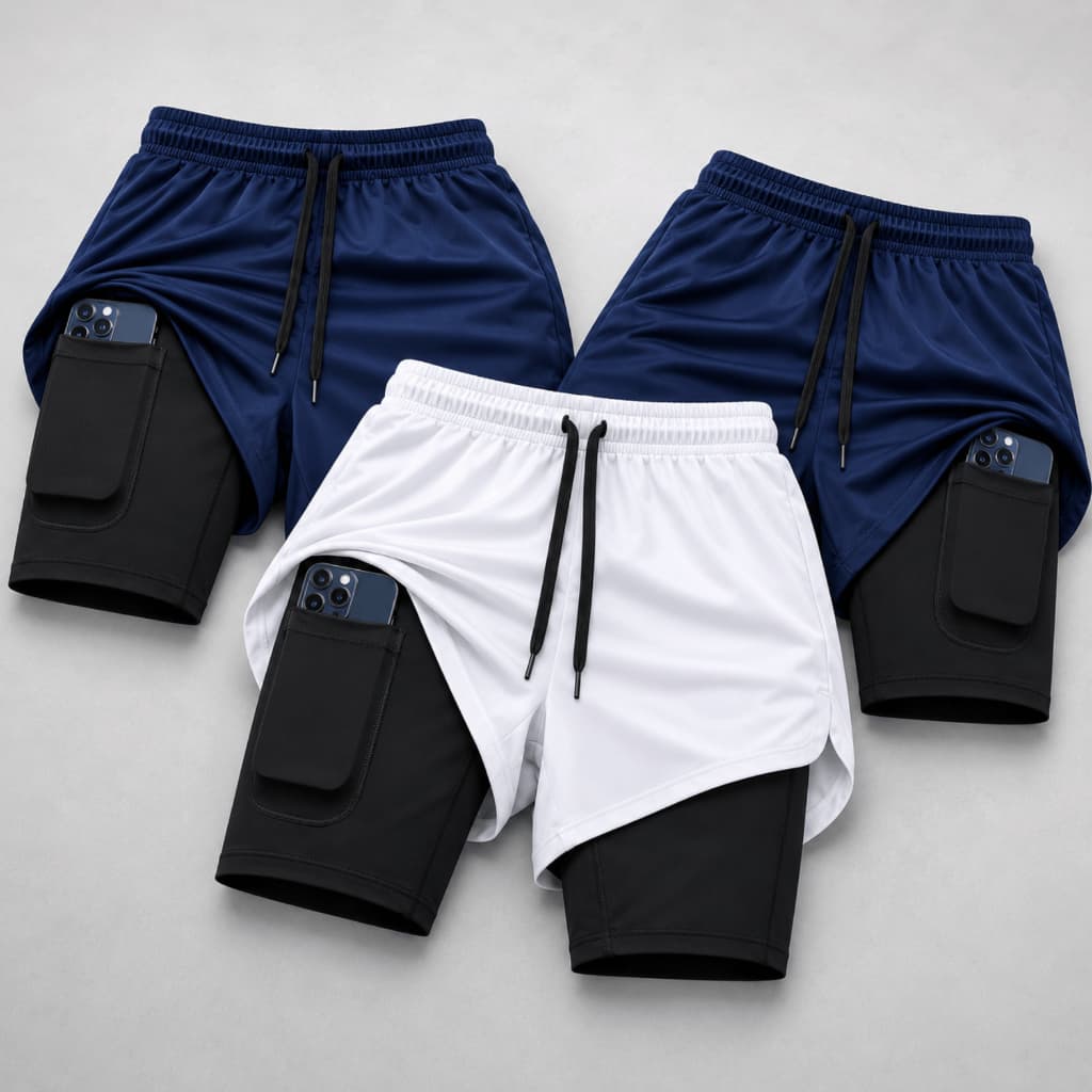 Kit 3 Bermudas Masculinas Shorts 2 em 1 Compressão Academia Corrida Treino Fitness Esporte Bolso Interno