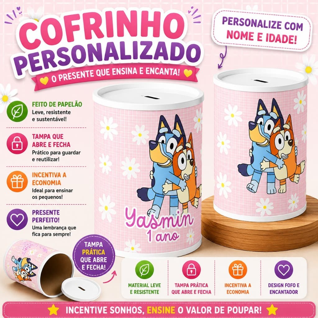 Cofrinho Personalizado Bluey Menina | Festa Infantil | Kits 9/12/15/24/30 - Envio Super Rápido