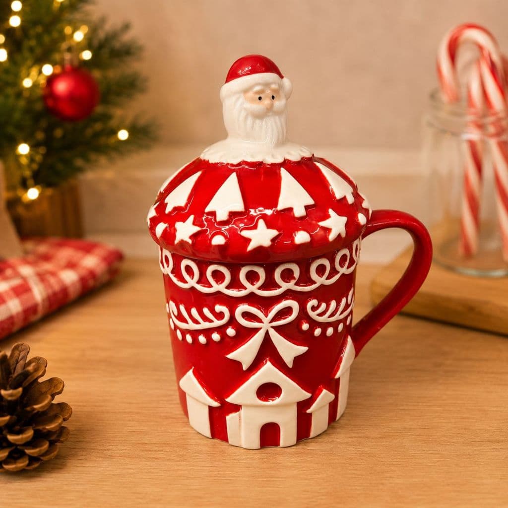 Caneca Papai Noel de Natal em Porcelana Vermelha Decorada Caneca Natalina com Tampa Presente