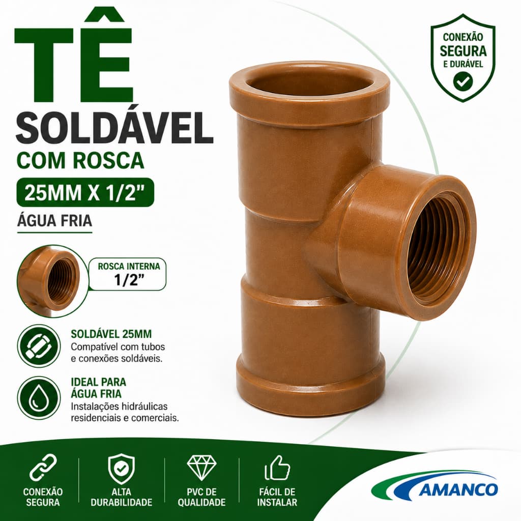 Tê Soldável com Rosca 25mm x 1/2 PVC Marrom Conexão Hidráulica para Água Fria Encanamento
