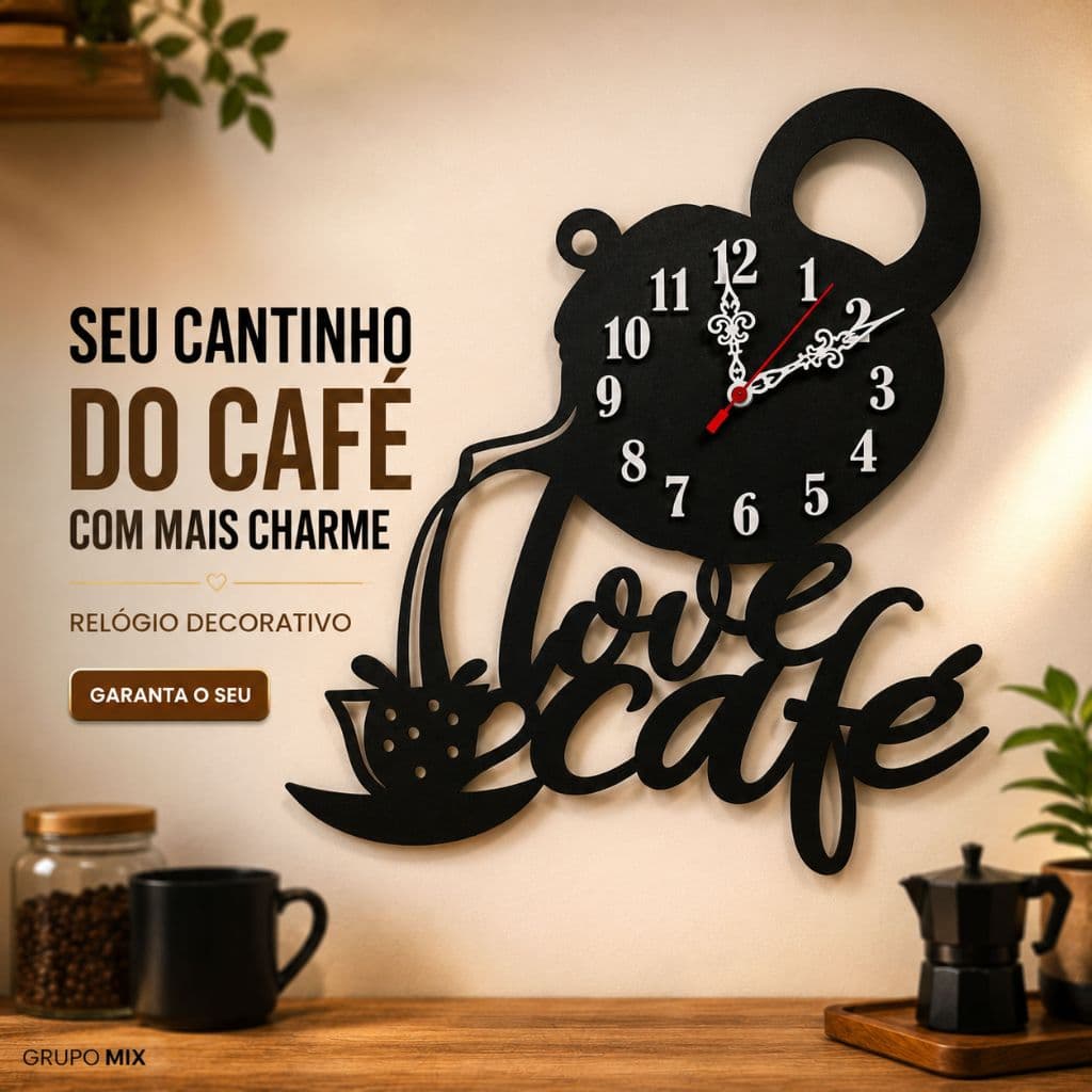 Relógio de Parede Cantinho do Café em MDF Bule Love Café Decorativo