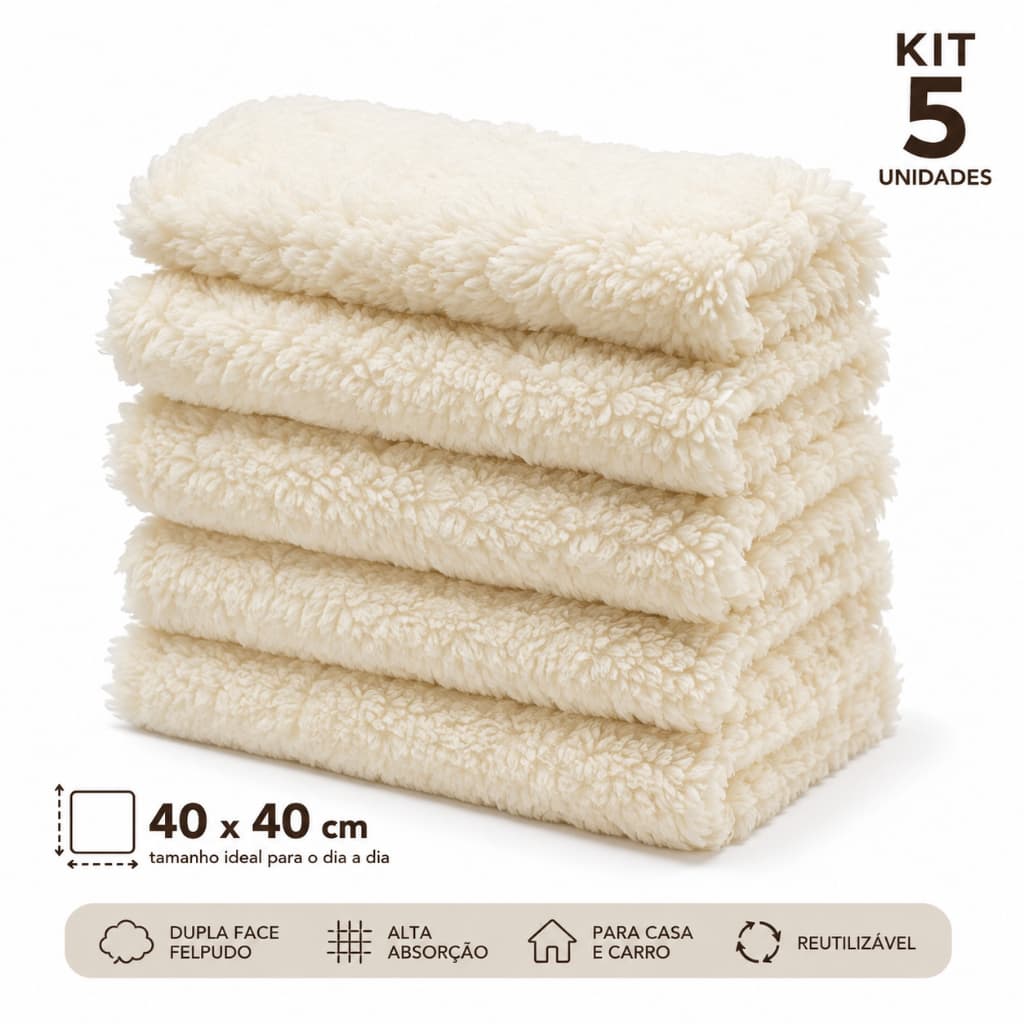 Kit 5 Panos Microfibra Para Limpeza Dupla Face Multiuso Toalha Mágica Para Carro Casa - 40cm x 40cm