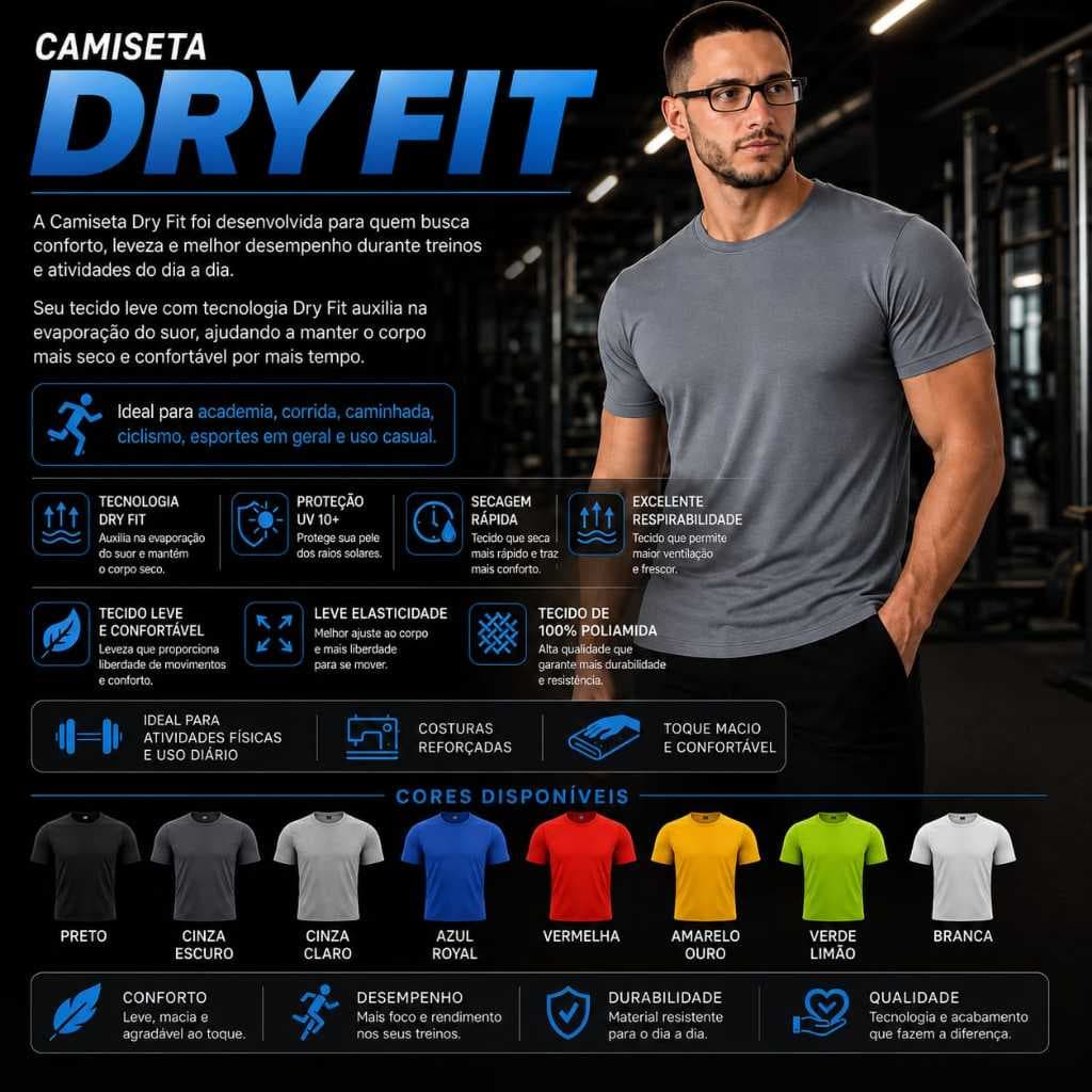 Camiseta Dry Fit Masculina Treino Academia 100% Poliamida UV+