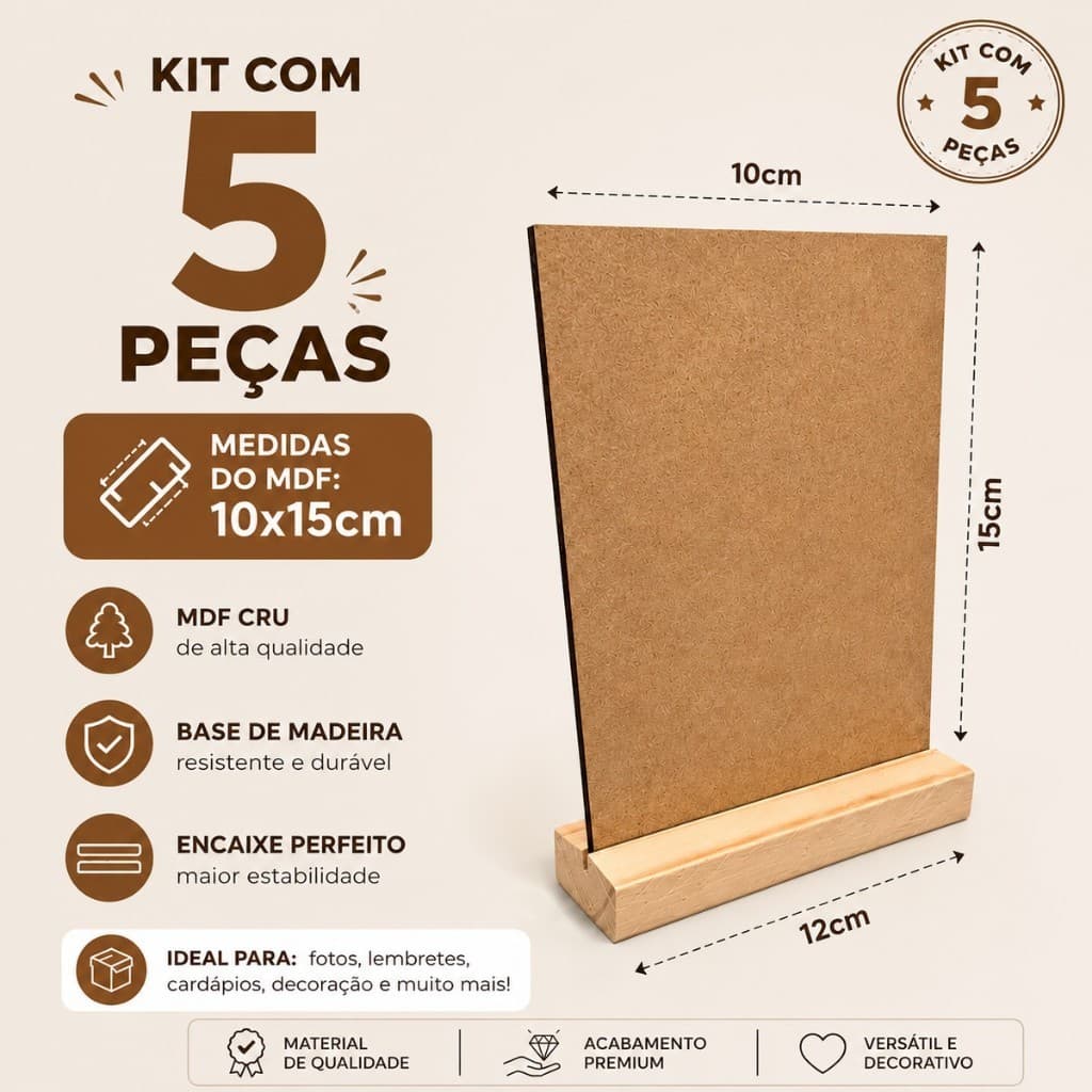 Kit 5 Placas de MDF 10x15cm com Suporte de Madeira para Fotos e Decoração