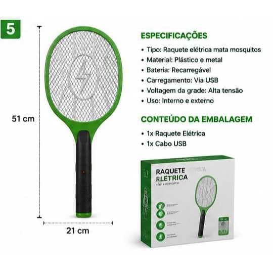 Raquete Elétrica Mata Mosquito Recarregável Portátil Mata Pernilongo Mosca Insetos