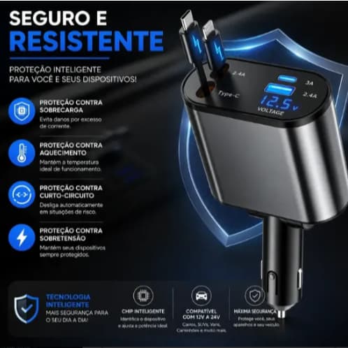 Carregador Veicular 120w Super Turbo 5em1 Retrátil C/display