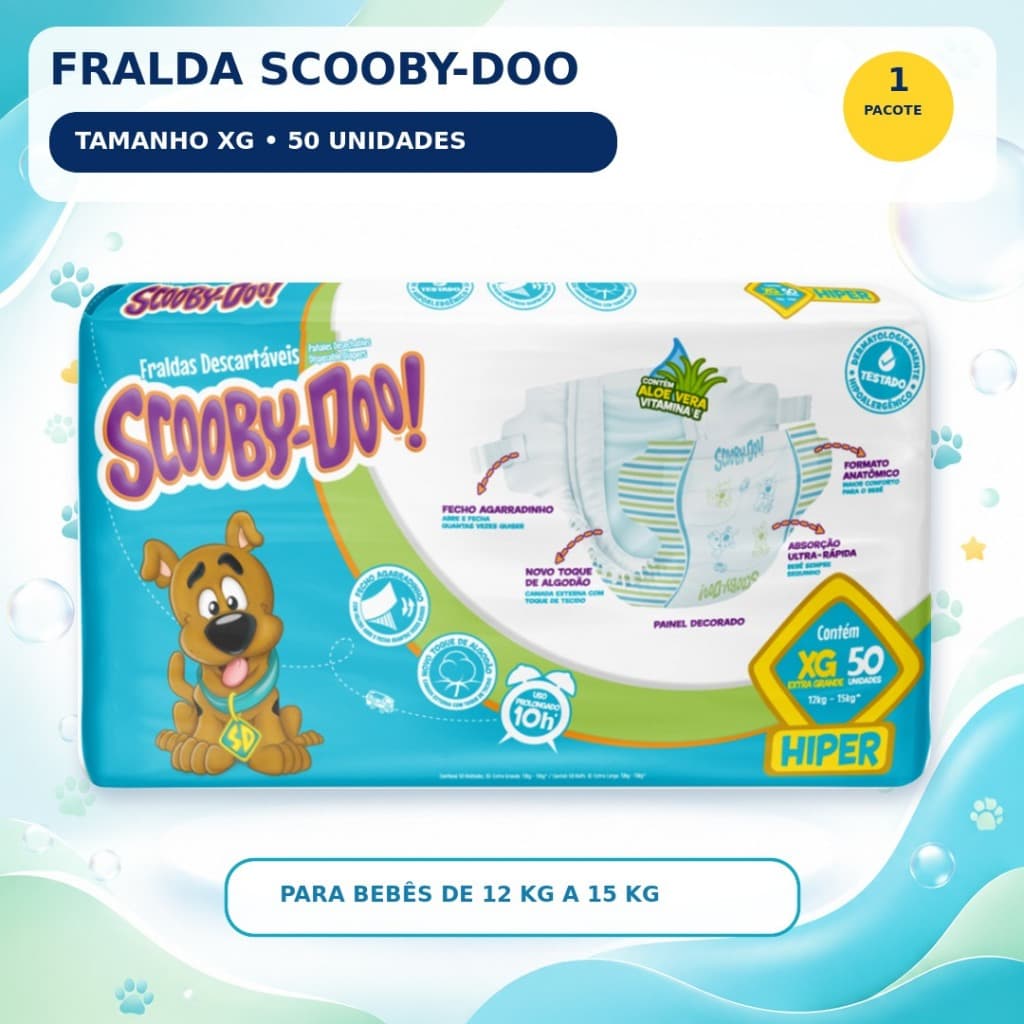 Fralda Scooby-Doo Hiper XG 50 Unidades 12h Proteção
