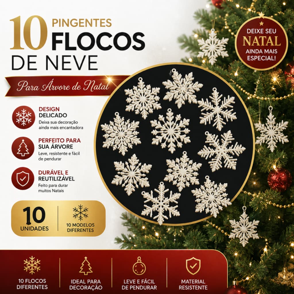 Flocos De Neve 10 Pingentes Decoração Enfeite Árvore Natal Branco