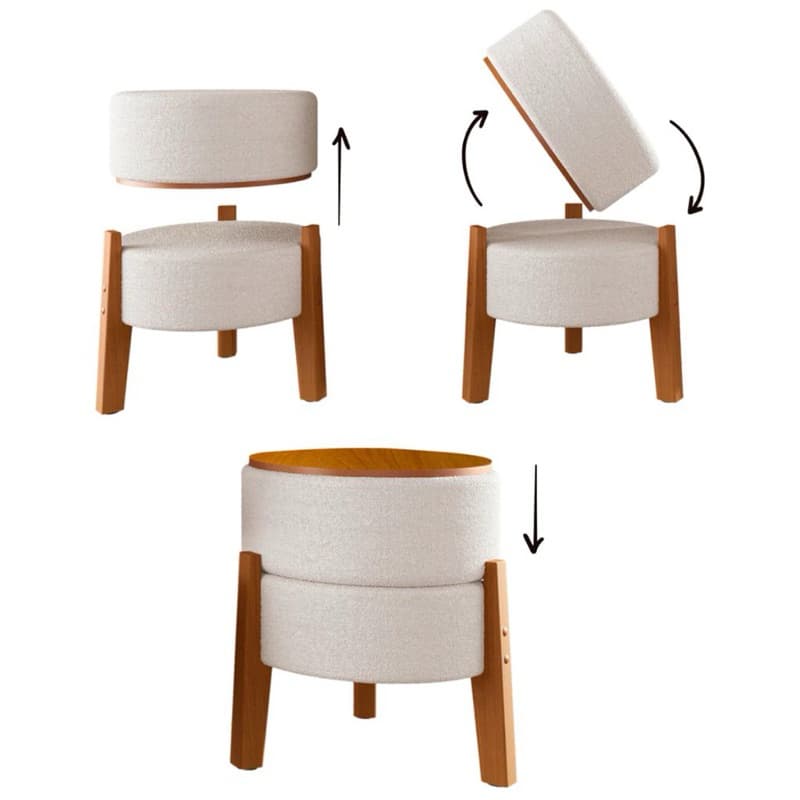 Kit 2 Puffs 3 em 1 Bouclé Premium com Mesa de Apoio e Encosto Giratório Luxo Decorativo