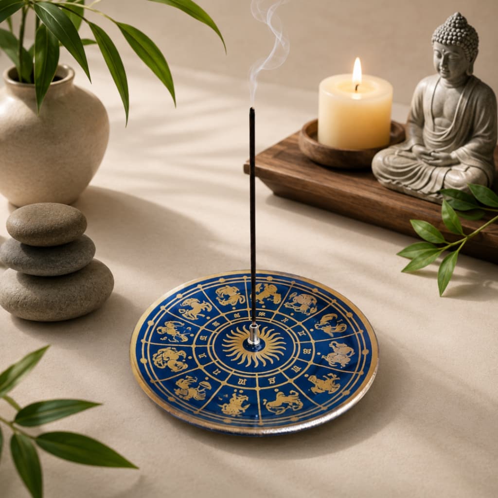 Porta Incenso de Vidro vintage signos do zodíaco nas cores azul e dourado