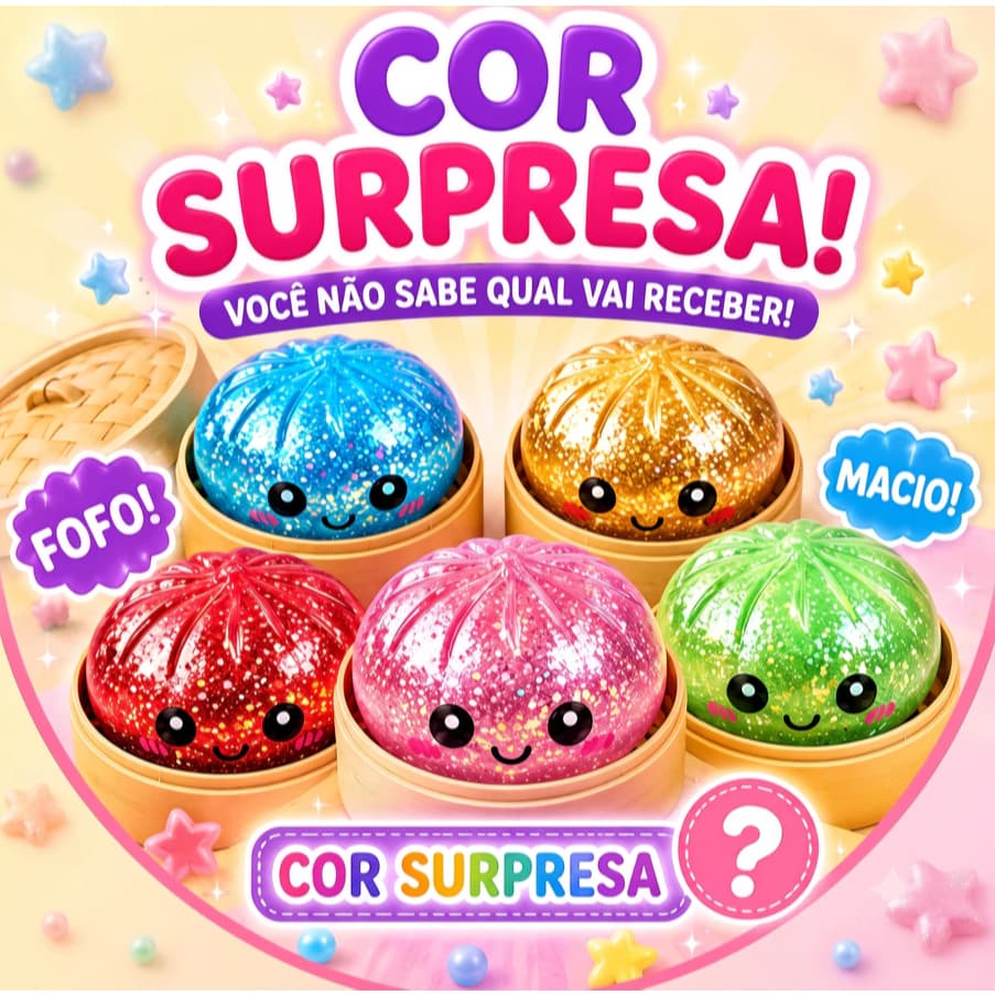 Squishy Dumpling Especial com Cestinha Com Glitter Bolinhas Caixa Surpresa Antiestresse