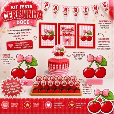 Kit Festa Cerejinha Personalizado | Só um Bolinho | Mesversário Aniversário | 70 Itens | Decoração Casa Escola