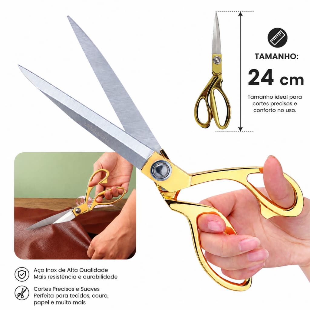 Tesoura Profissional Dourada Alfaiate Tapeceiro Costureira 24 e 26 CMs Aço Inox Corte Afiado