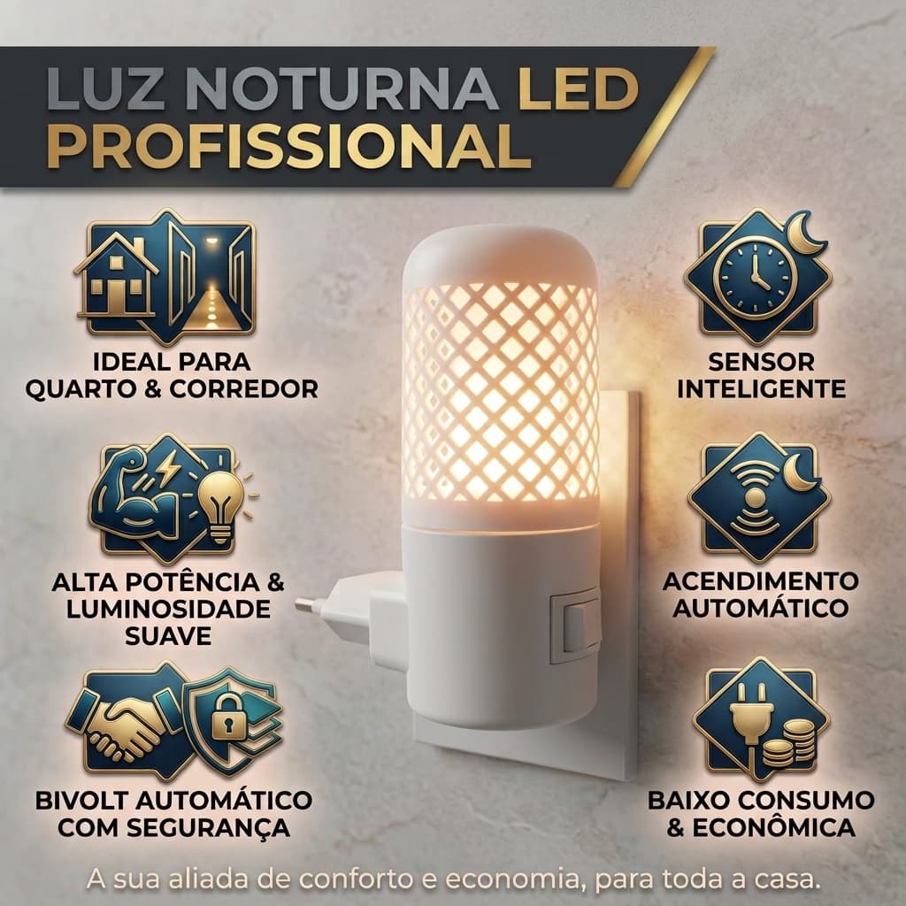 Luz Noturna LED Bivolt Automatic Portátil – Iluminação Suave e Econômica para Quarto e Corredor