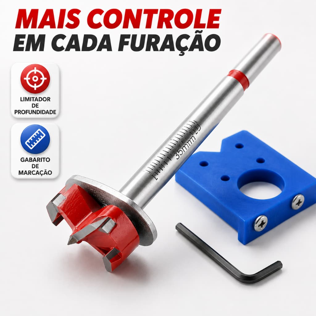 4 peças Kit Broca Forstner 35mm Dobradiça Limitador Gabarito Chave Allen