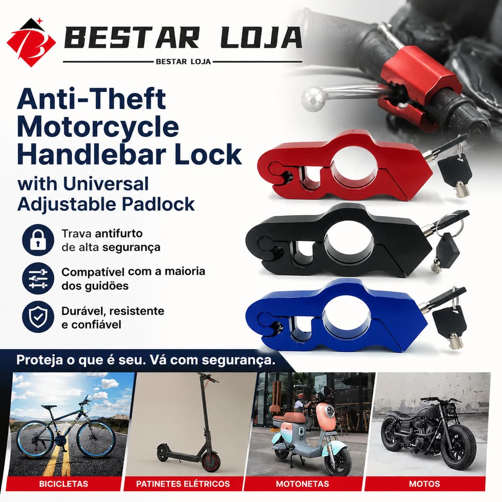 BESTAR LOJA Trava de Guidão Moto Antifurto com Cadeado Ajustável Universal
