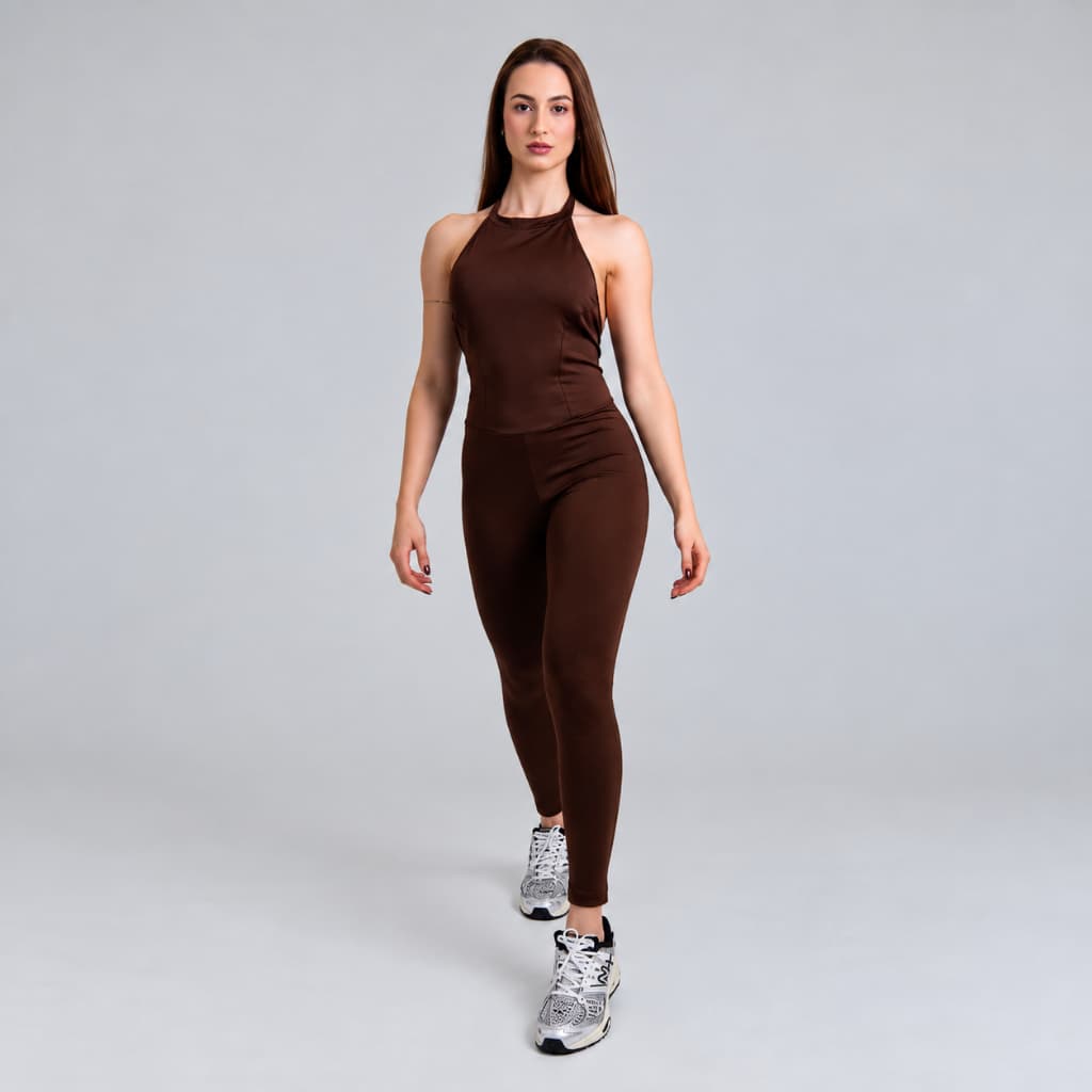 Macacão Longo Fitness Feminino Costas Abertas Zero Transparência Treino Musculação Marrom