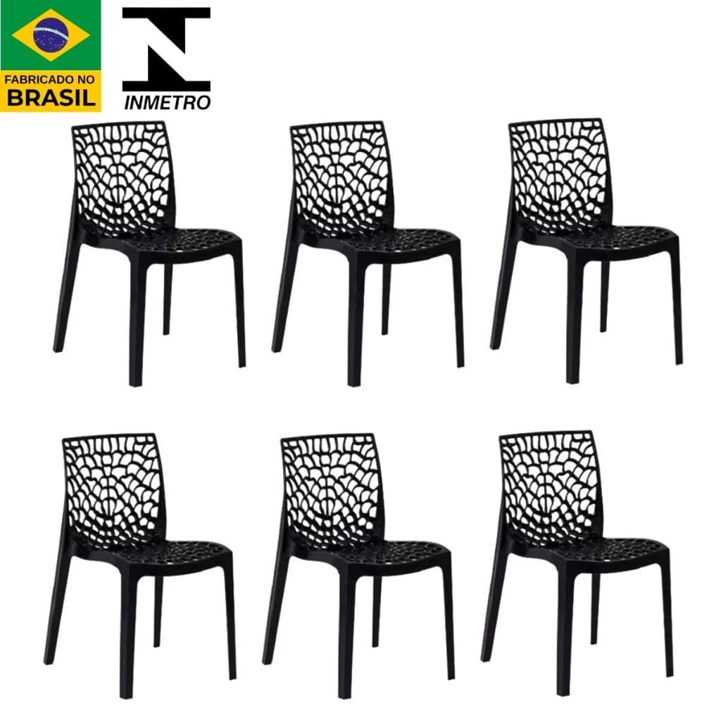 Kit 6 Cadeiras Gruvyer Design Preto Sala Cozinha Jantar  Área Gourmet Empilhável
